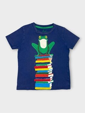 Mini Boden Frog On Colorful Books Applique Blue Shirt